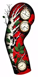birch branches with hunter green leaves with only three clocks integrated into it for an arm sleeve tattoo design idea