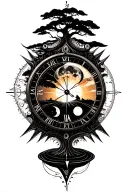 black ink tattoo, clock and watch, sundial, sunrise, sunset, moon phases, seasons, infinity symbol, trees, hourglass  tattoo design idea