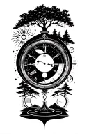 black ink tattoo, clock and watch, sundial, sunrise, sunset, moon phases, seasons, infinity symbol, trees, hourglass  tattoo design idea