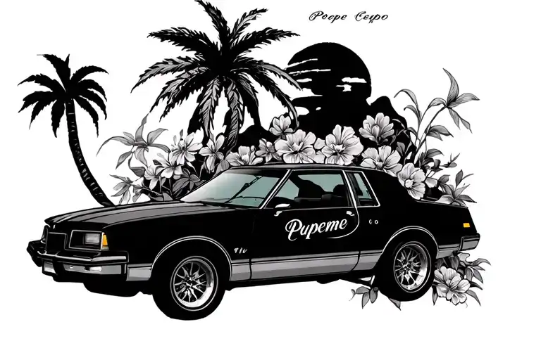 87 cutlass supreme monet carlo with palm tree and flowers and my grand fathers name pepe  tattoo design idea