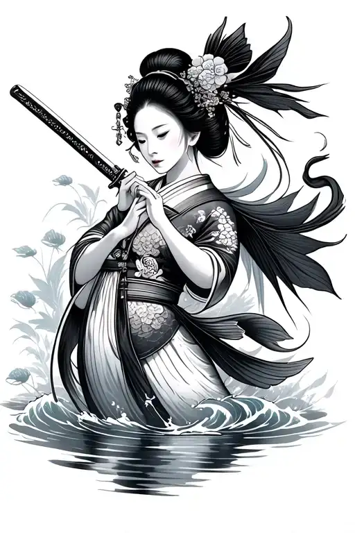 geisha holding a katana koi fish swimming upstream tattoo design idea