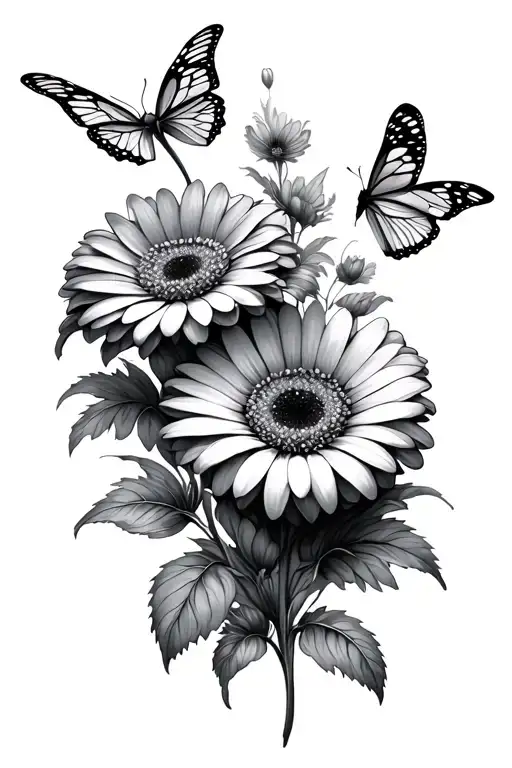 gerbera flower intertwined, heart, butterfly emerging tattoo design idea