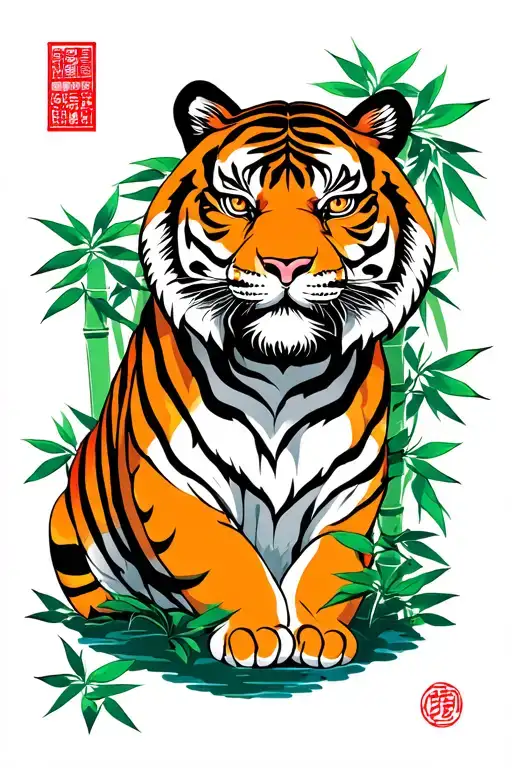 japanese style tiger with bamboo forest tattoo design idea