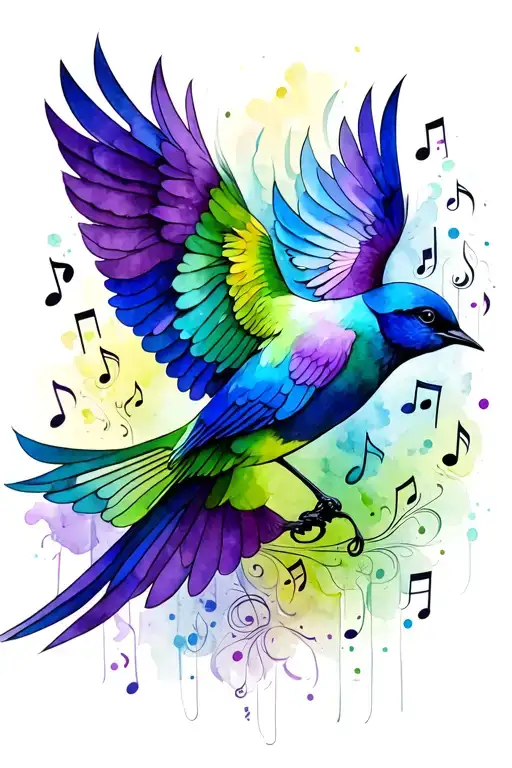 purple bird, green bird, blue bird flying music notes tattoo design idea