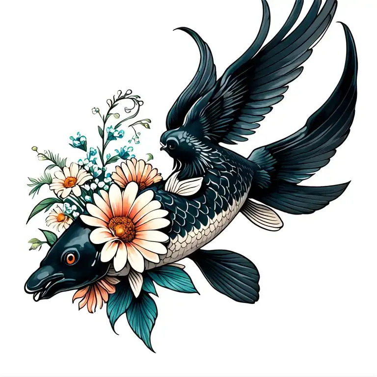 jumping black koi with phoenix wings, upright, bouquet with an aster, a daisy, a lily of the valley, wave tattoo design idea