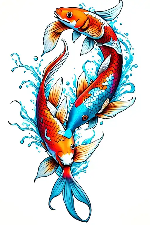 two koi and gold fish circling the knee. one orange and red and one blue and pink. incorporate blue water into it.  tattoo design idea