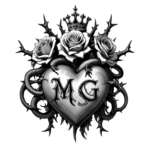 "M G" Gothic-style heart entangled with thorns, topped with a crown, four roses, and two angry snakes with Gothic-style letter tattoo design idea