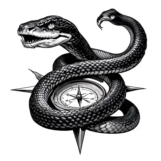 snake wrapped around a compass aggressively striking tattoo design idea