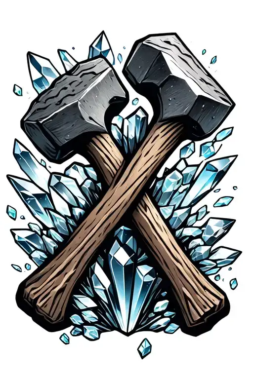 two Rock hammers crossed with crystals growing around them  tattoo design idea