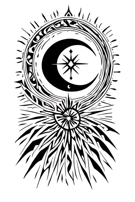 A crescent moon arches above a single guiding star, both centered within a subtle spiral path that descends toward the h tattoo design idea