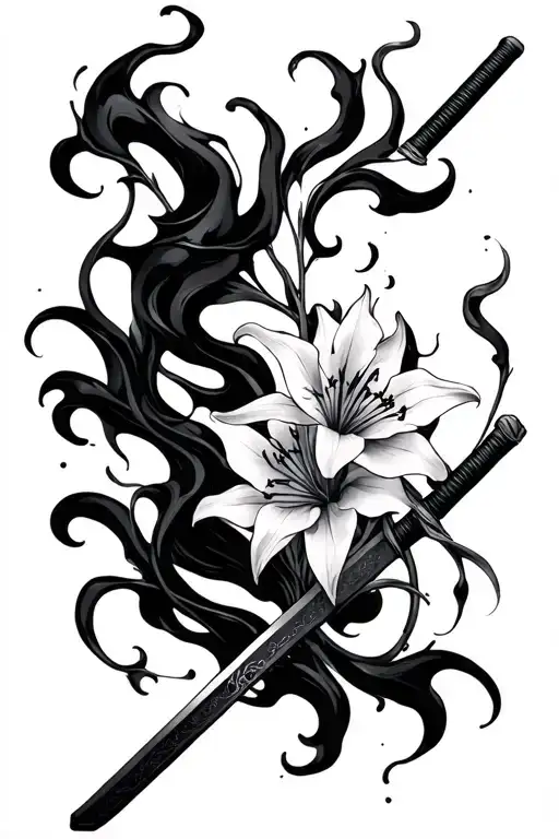 katana , black smoke , spider lillies near the hilt only two or three make it minimum should be more like a dark fantasy tattoo design idea