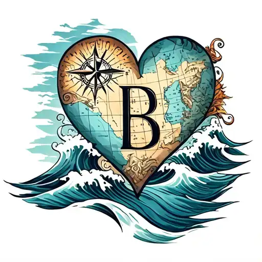 a heart in shape of a letter B in sea waves and compass and map tattoo design idea