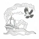 Tugboat high waves crashing in the background with a eagle in the sky  tattoo design idea