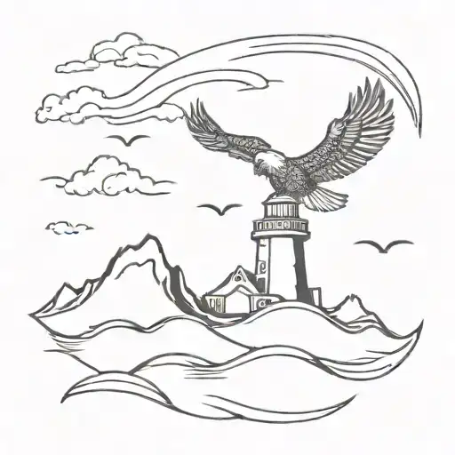 Tugboat high waves crashing in the background with a eagle in the sky  tattoo design idea