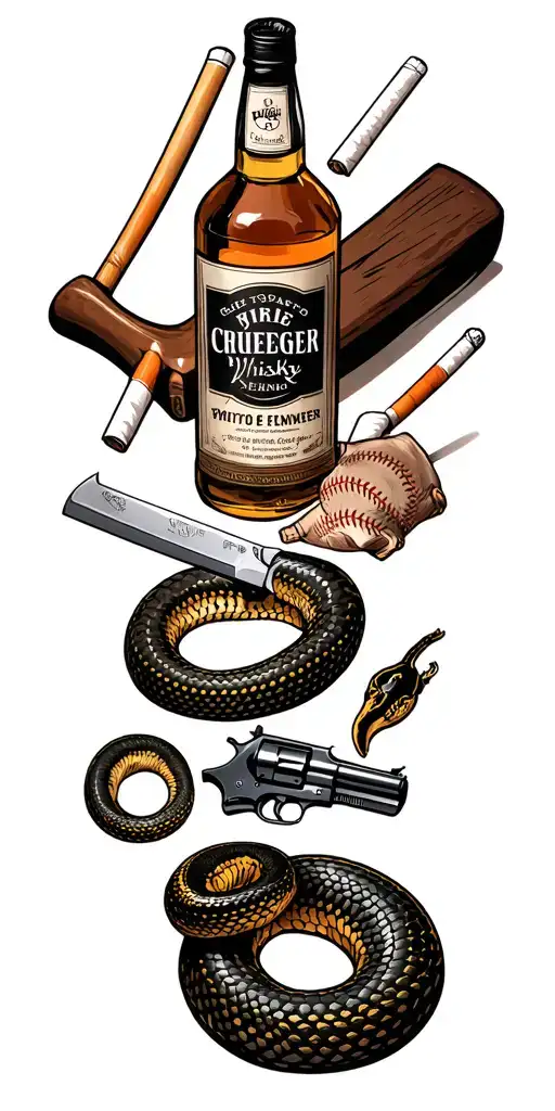 Create a member style tattoo. There should be: a bottle of whiskey, cigarettes, a knife, a baseball bat, a gun, a snake tattoo design idea