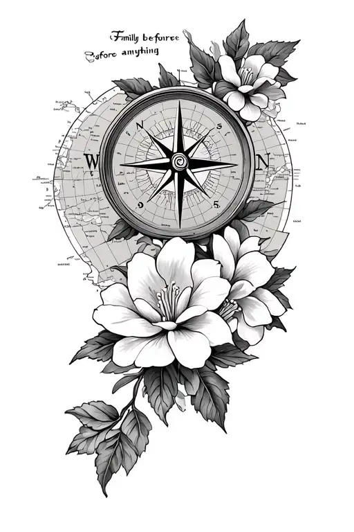 forearm tattoo of a compass and gardenia flowers and a map in the background and with the saying family before anything  tattoo design idea