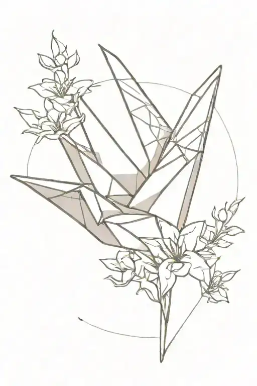 paper crane with flowers and geo patern tattoo design idea