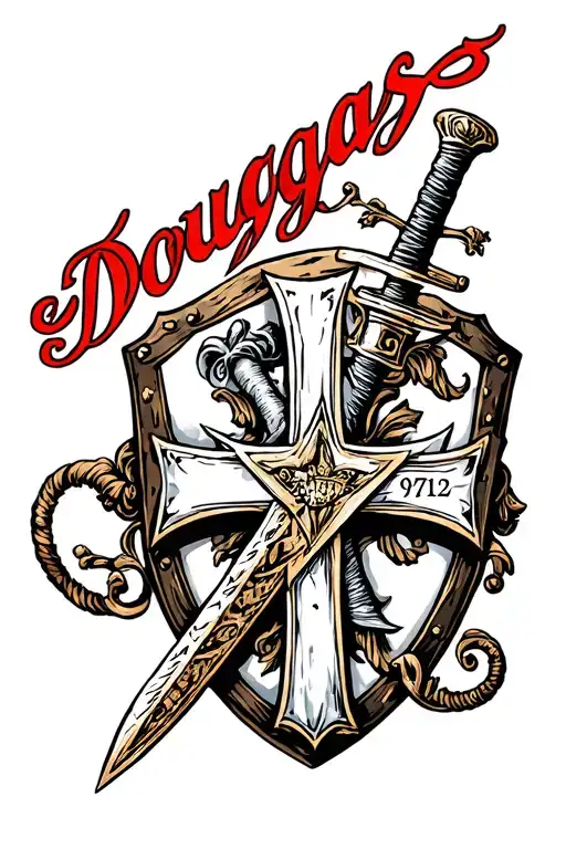 "Douglass 07/04/1942  03/17/20" civil war sword shield cross tattoo design idea