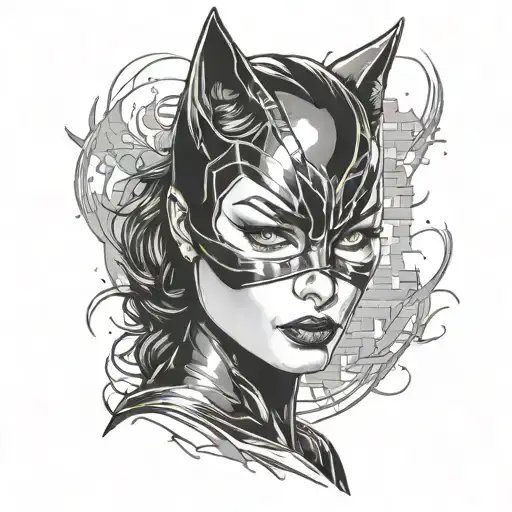 Create a Catwoman image (as if the image was torn in half) front version sexy face expression background tattoo design idea