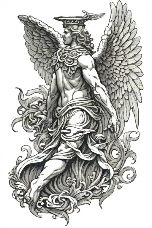 black and white image, greek male angel with a halo and black feathered wings with feathers falling down, sculped tattoo design idea