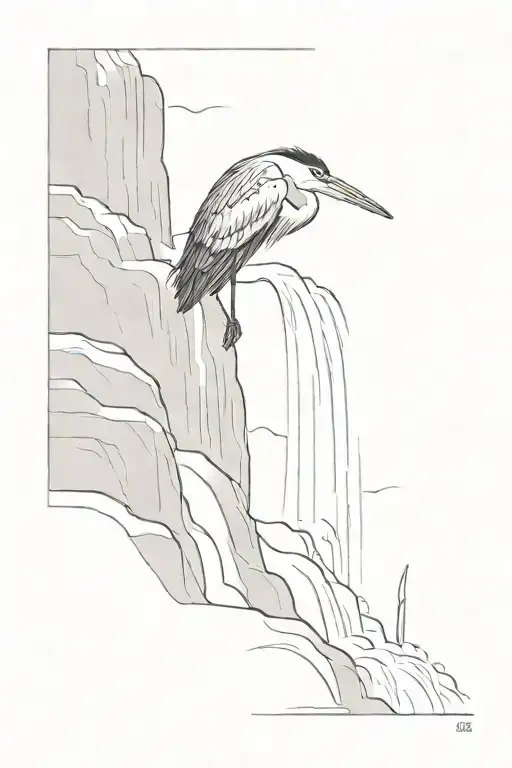 grey heron perched on a waterfall flowing tattoo design idea