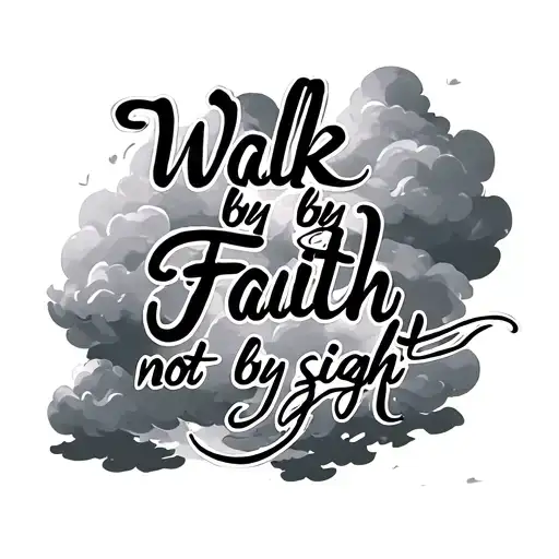 Tattoo on thigh“Walk by Faith not by sight”Clouds and a little shading Writing in cursive  tattoo design idea