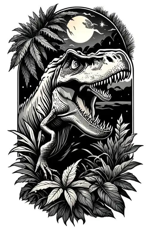 jurassic park style tattoo with some plants, a T-rex and the night sky all in amber in black and white mit minimal color tattoo design idea