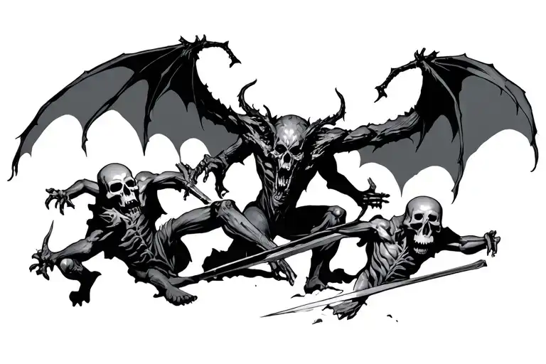 demon battle scene. skulls in background. tattoo design idea
