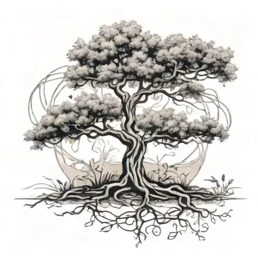 A serene forest scene with a hidden therapy symbol intertwined with the branches of an olive tree tattoo design idea
