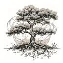 A serene forest scene with a hidden therapy symbol intertwined with the branches of an olive tree tattoo design idea