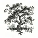 A serene forest scene with a hidden therapy symbol intertwined with the branches of an olive tree tattoo design idea