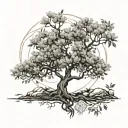 A serene forest scene with a hidden therapy symbol intertwined with the branches of an olive tree tattoo design idea