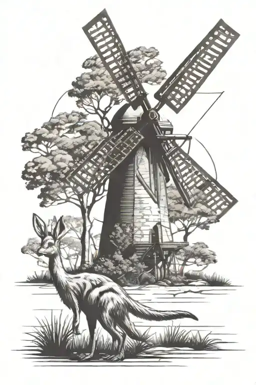 Dutch windmill; kangaroo; emu; Australian flag; outback bush setting tattoo design idea