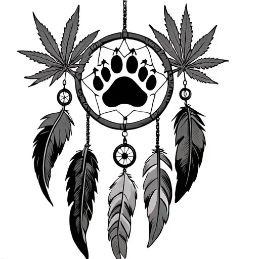 bear paw and claws print in a dream catcher with eagle and hawk feathers hanging and marijuana tattoo design idea