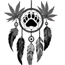 bear paw and claws print in a dream catcher with eagle and hawk feathers hanging and marijuana tattoo design idea