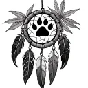 bear paw and claws print in a dream catcher with eagle and hawk feathers hanging and marijuana tattoo design idea