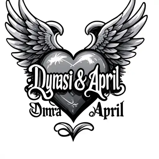 "Dynasti & April" "Dynasti & April" names inside a heart with wings tattoo design idea