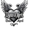 "Dynasti & April" "Dynasti & April" names inside a heart with wings tattoo design idea