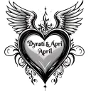 "Dynasti & April" "Dynasti & April" names inside a heart with wings tattoo design idea