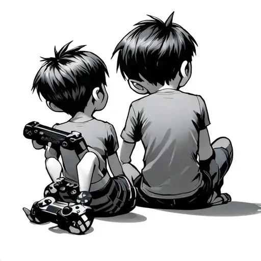 Three brothers sitting on the floor, seen from behind, playing Ratchet & Clank: All 4 One on a PlayStation 3.  tattoo design idea
