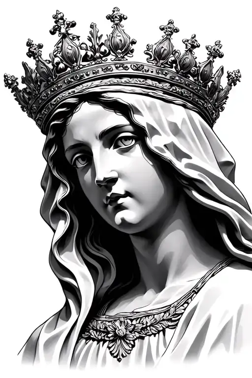 black and grey realistic Virgin Mary with crown, coronation style, dramatic upward gaze, sharp jawline, masculine featur tattoo design idea