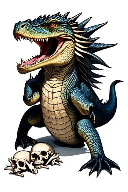 A Komodo Dragon, crawling upward, there’s a pile of bones and skulls beneath it. I want the Komodo dragons mouth open, w tattoo design idea