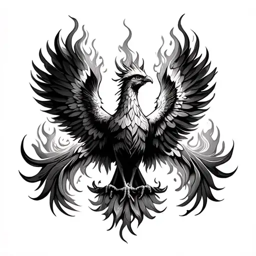 Phoenix in flight with outstretched wings, detailed feathers in classic engraving style. Feathers blend into flames. tattoo design idea