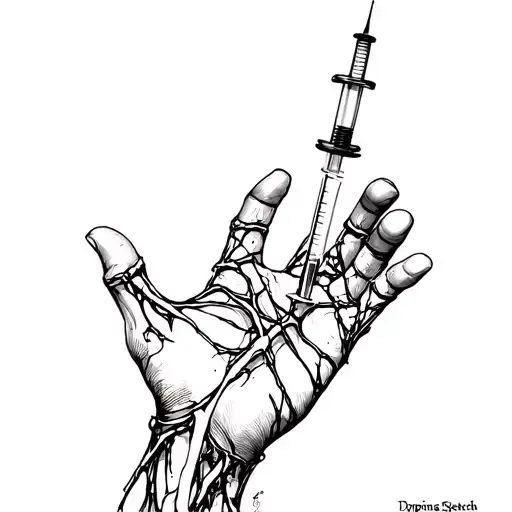 Elocated hand with veins, with a syringe in the hand. In the form of a sketch of a tattoo, style underground, with the inscription doping tattoo design idea