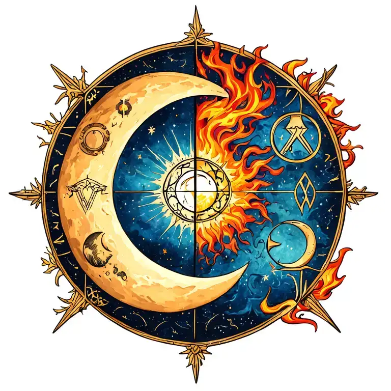 Wiccan theme, quarter moon phase, includes the zodiac signs of Aries, Taurus cusp, and their elements fire and earth, ar tattoo design idea