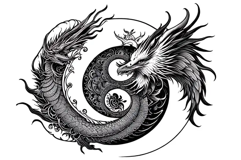 dragon and phoenix yin yang tattoo with mandala background tattoo design idea