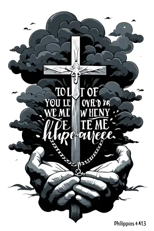 the bible verse Philippians 4:13 written with clouds in the background and hands holding a cross neckless tattoo design idea