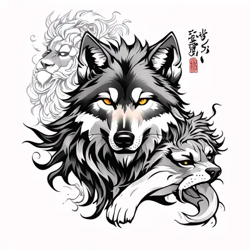 Design a tattoo featuring a wolf and a lion in a Japanese style tattoo design idea