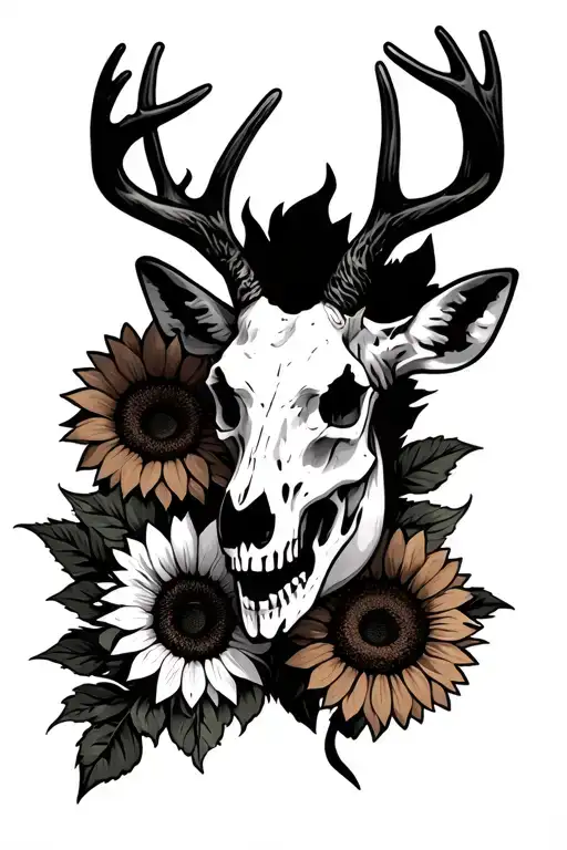 deer skull and sunflowers tattoo design idea