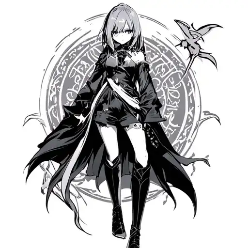 anime; overlord, konosuba, deathnote, future diary. top half sleeve dark gothic anime look. tattoo design idea